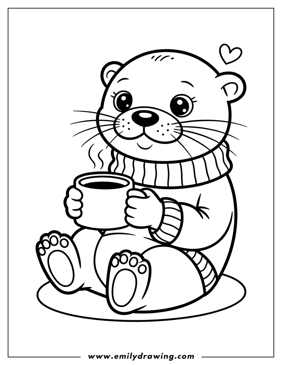 Outline of an otter sitting and holding a steaming mug. The otter is wearing a striped sweater.