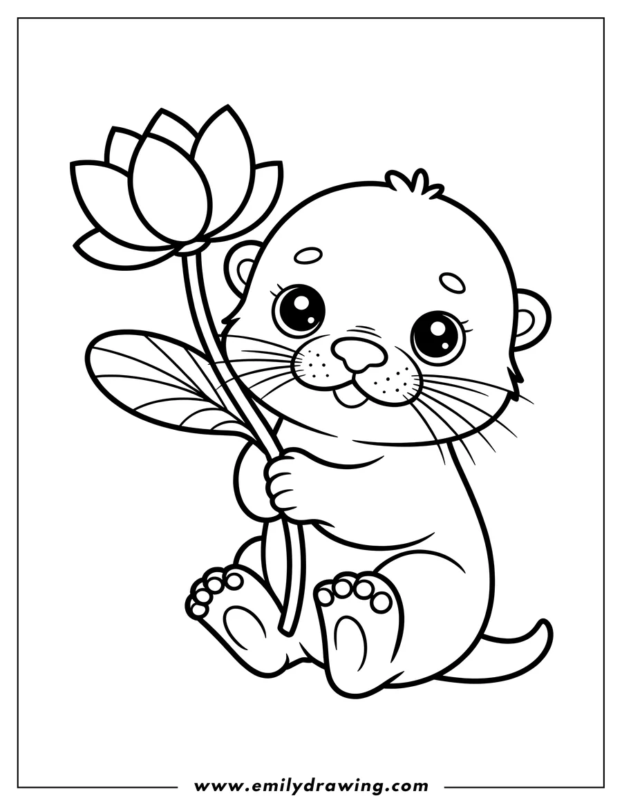 Outline of a cute otter holding a lotus flower. The otter looks happy and is sitting down while holding the flower's stem.