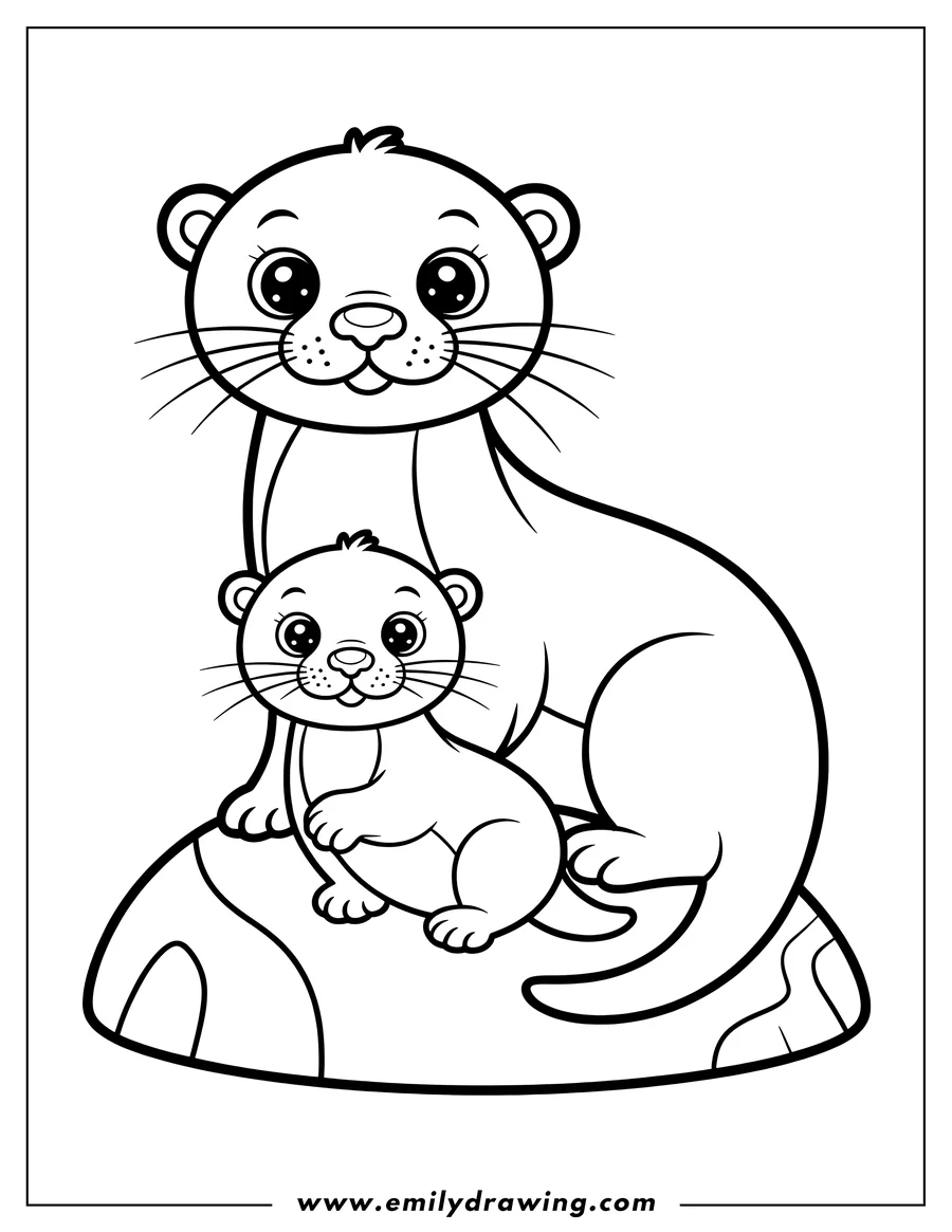 Outline of two otters, a mother and baby, sitting together on a rock.
