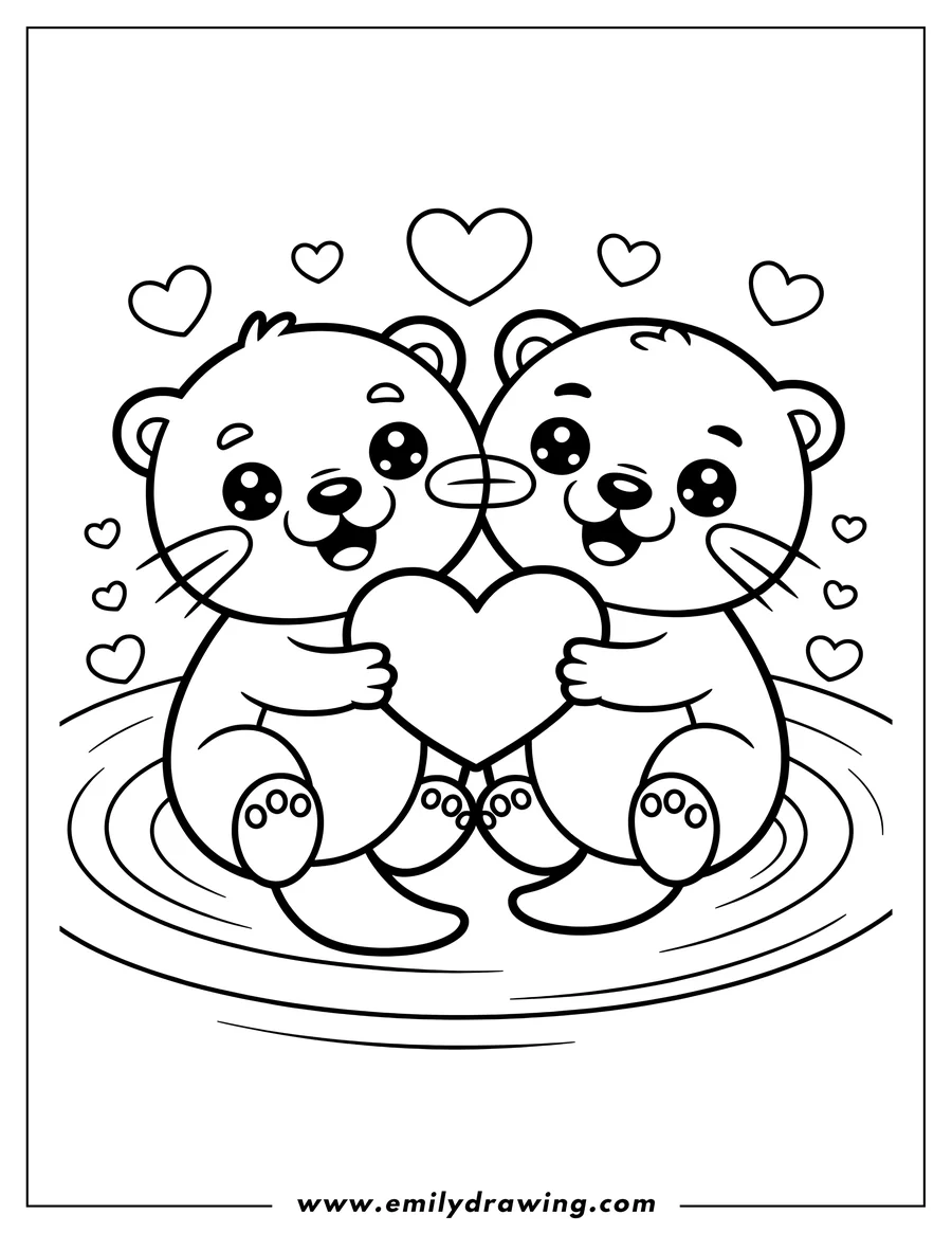 Line art of two otters holding a large heart, surrounded by smaller hearts, sitting on a rippled surface.