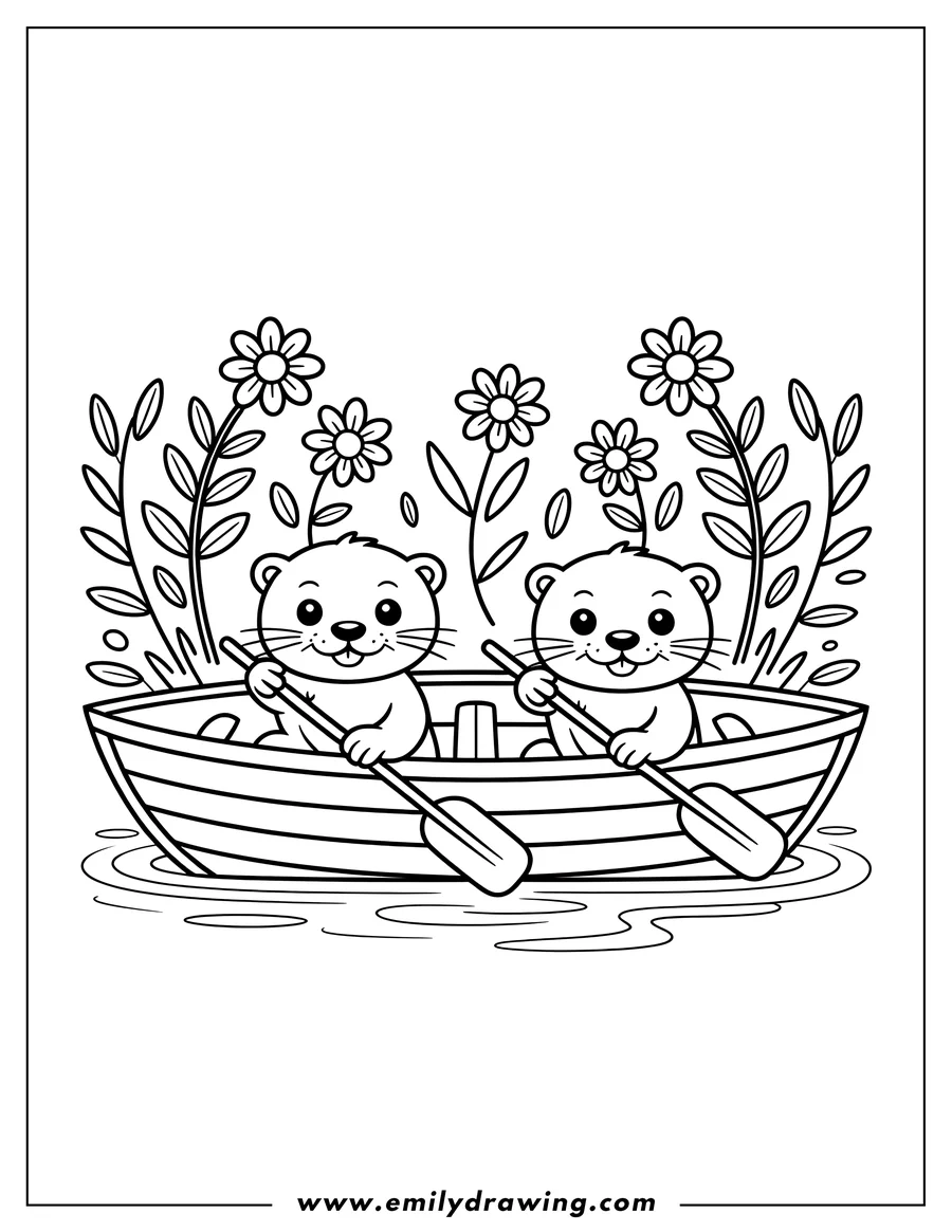 Outline of two otters sitting in a rowboat, each holding an oar. Flowers and leaves frame the scene behind them.