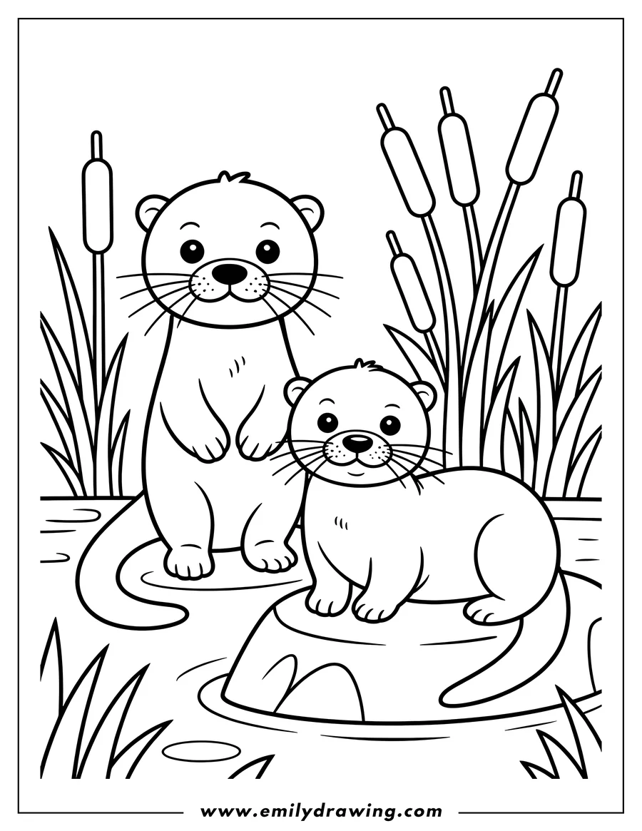 Two otters standing on a rock in the water near cattails.