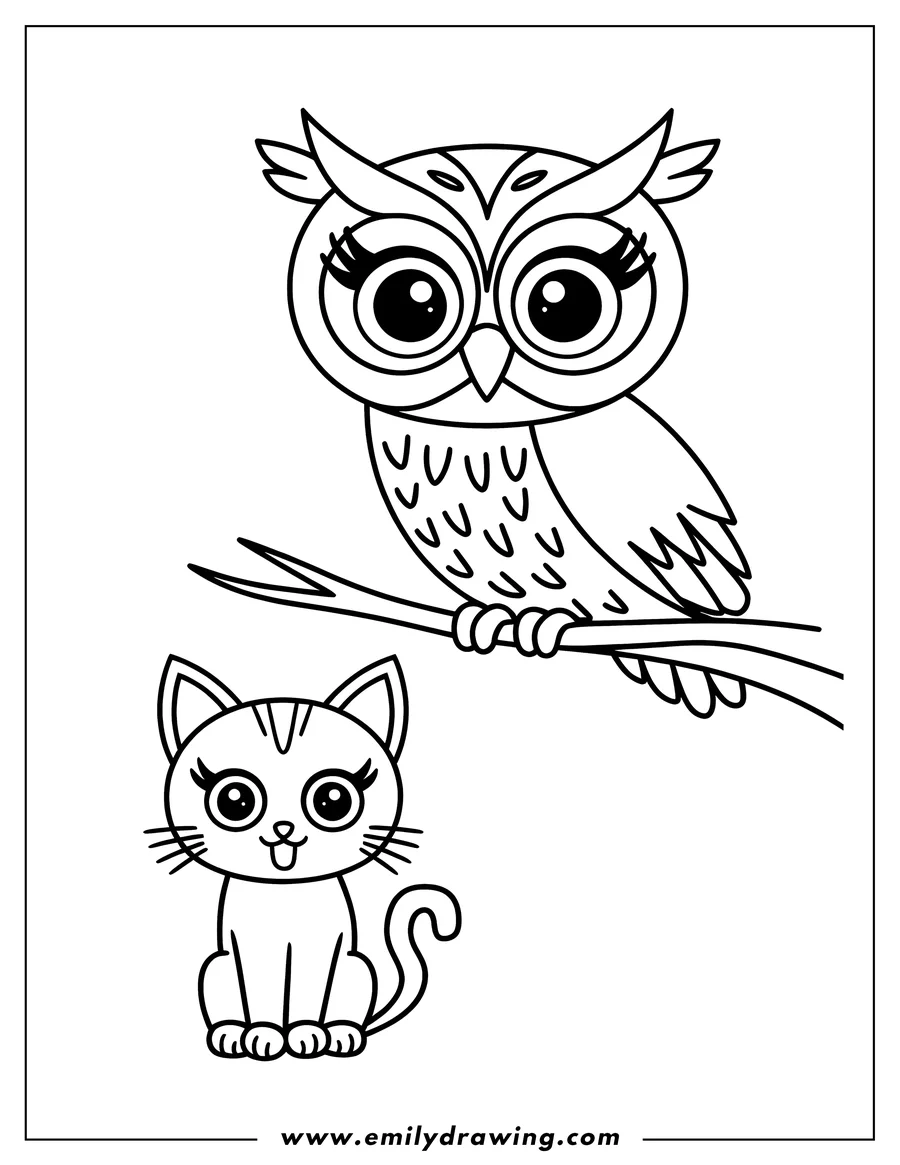 Outline of an owl perched on a branch and a cat sitting below.