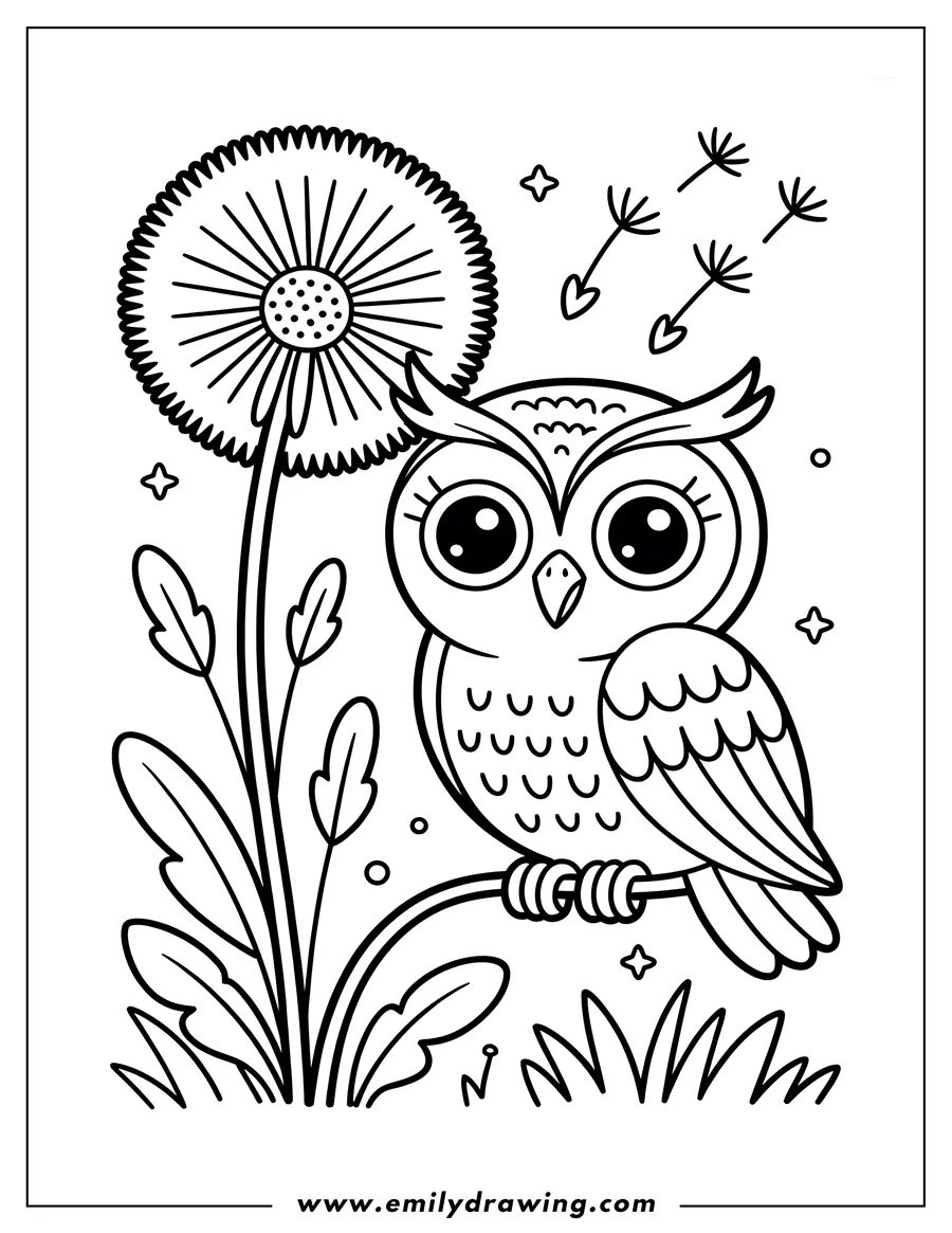 Outline of an owl perched on a branch near a dandelion with some seeds floating away
