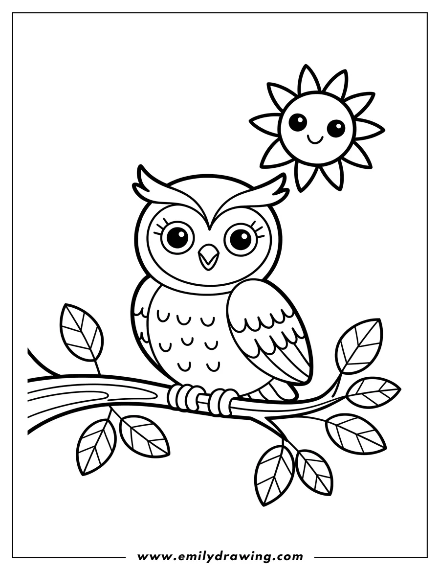 Outline of an owl perched on a branch with leaves, a smiling sun shines above.