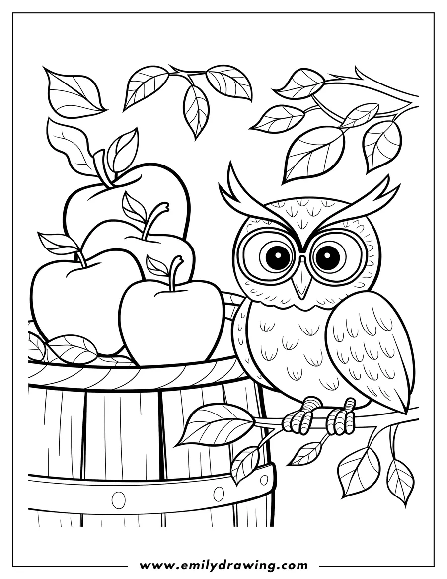Line art of an owl perched on a branch near a wooden barrel filled with apples.