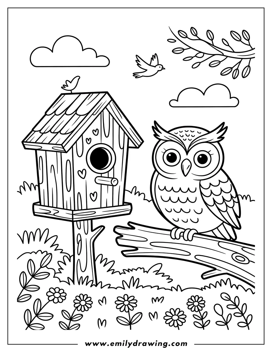 Outline of an owl perched on a branch near a birdhouse, with small birds flying in the background.
