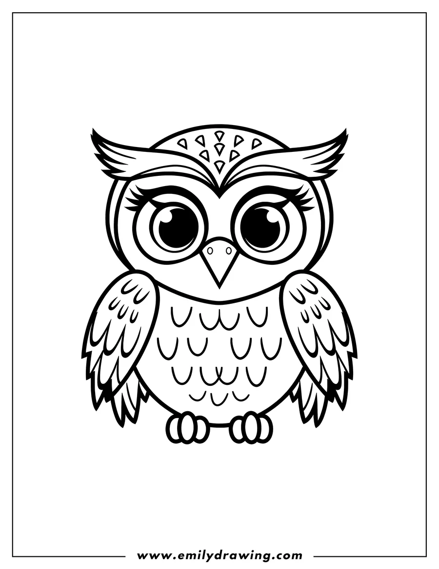 Line art of an owl with large eyes and decorative feathers.