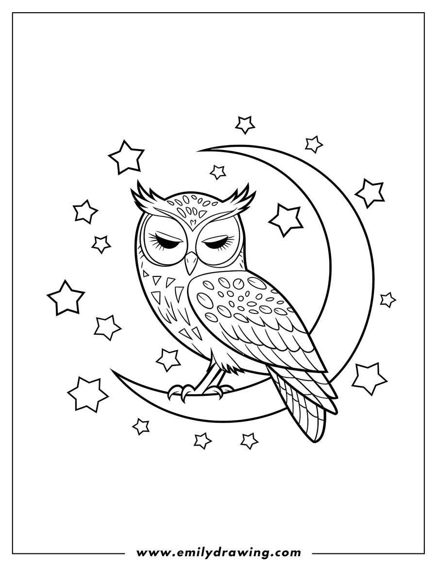 Line art of an owl perched on a crescent moon, surrounded by stars.