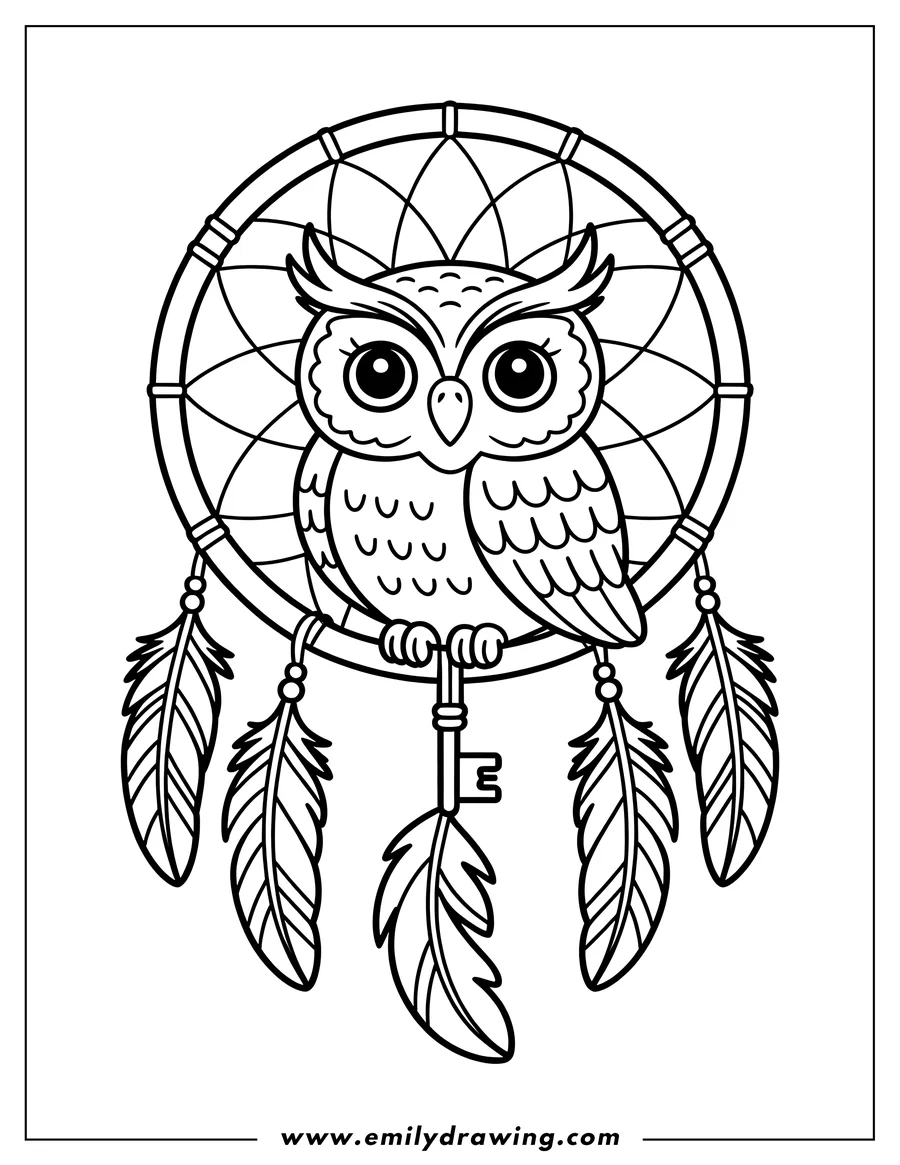 Outline of an owl perched on a dreamcatcher adorned with feathers and a key.