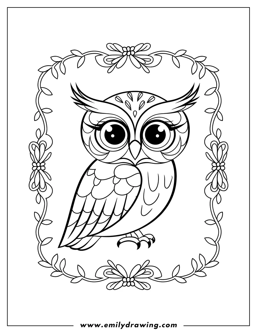Outline of an owl inside a decorative frame with flowers and leaves.
