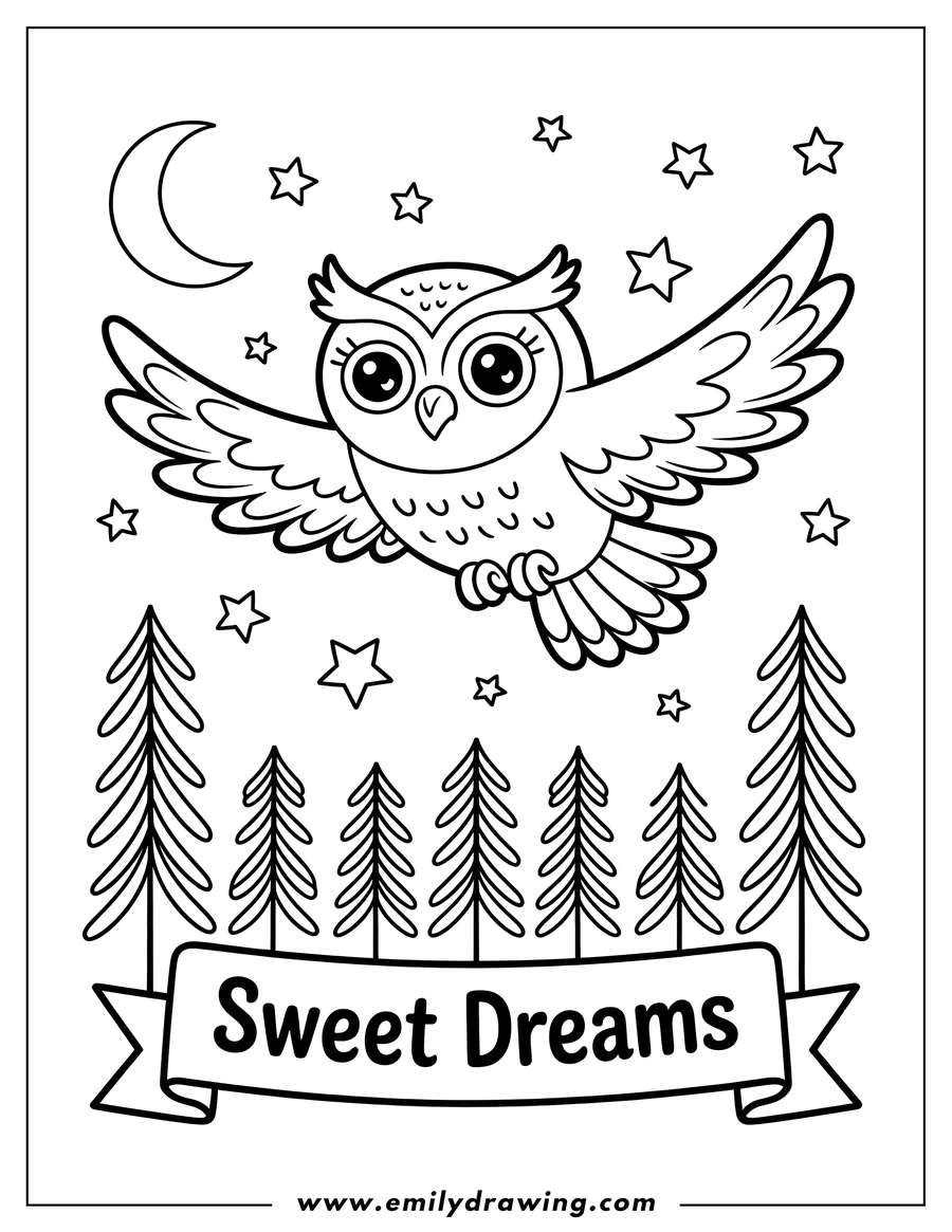 Outline of an owl with large eyes flying in the night sky above a row of pine trees, with a crescent moon and stars in the background and a banner reading