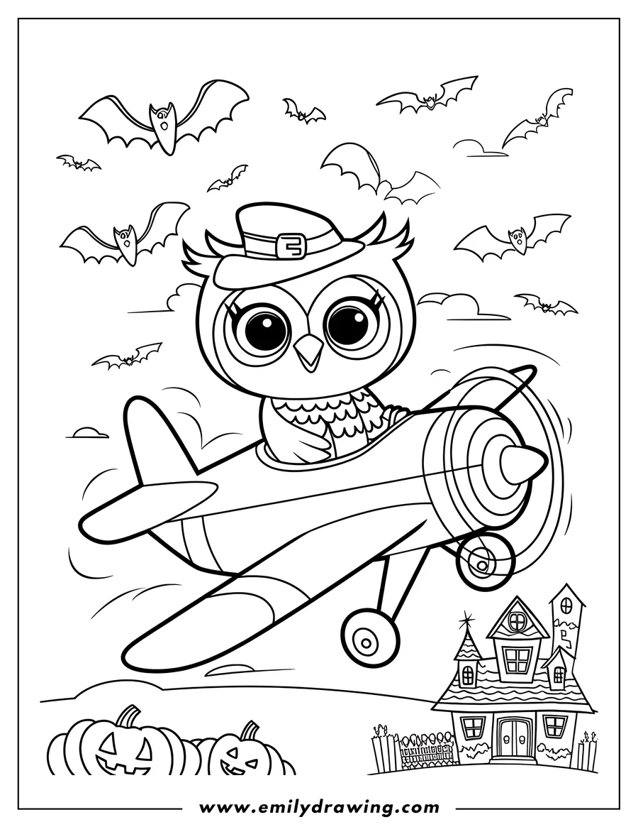 Outline of an owl wearing a hat, piloting a plane over a haunted house scene with pumpkins and bats for Halloween.