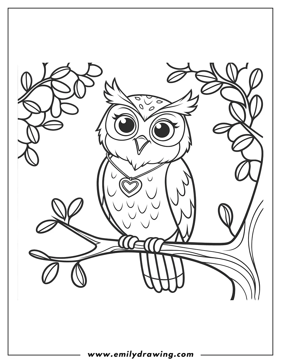 Outline of an owl perched on a tree branch, wearing a heart-shaped necklace.