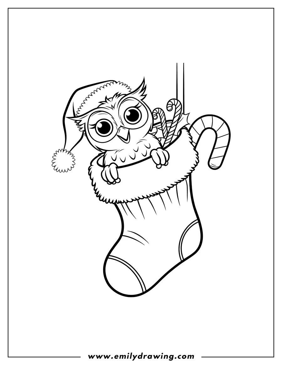 Outline of an owl wearing a Santa hat peeking out of a Christmas stocking filled with candy canes.