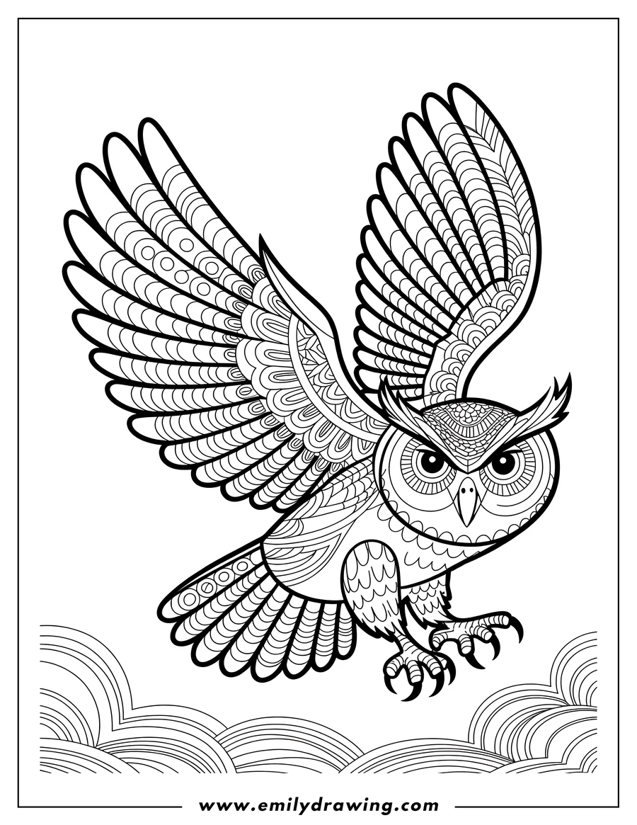 Line art of an owl with detailed patterns on its wings, body, and head, shown in flight above stylized clouds.