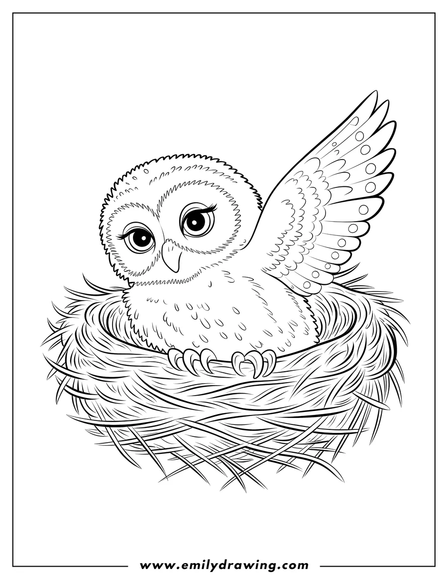 Outline of a baby owl sitting in a nest, with one wing slightly raised.