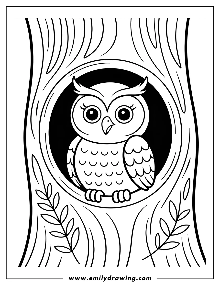 Outline of an owl peering out from a tree hollow.