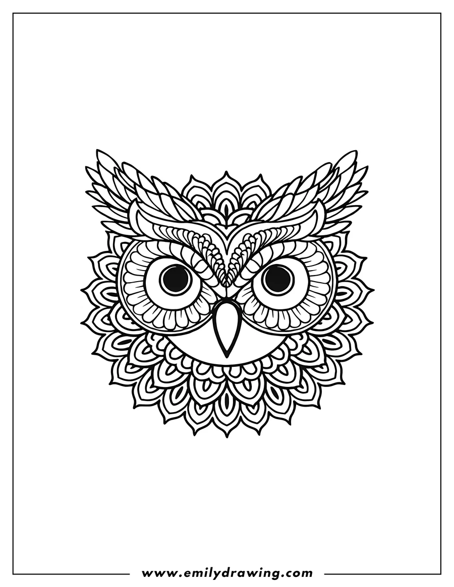 Line art of an owl's face with decorative mandala patterns.