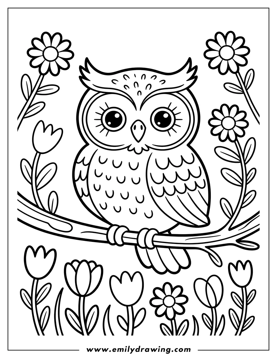 Outline of an owl perched on a branch with flowers all around.