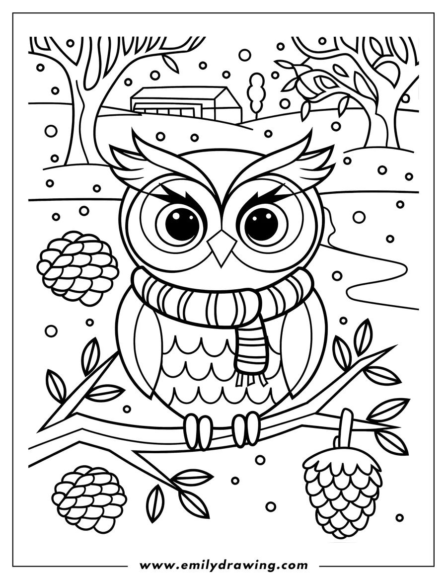 Line art of an owl perched on a branch wearing a striped scarf, with pine cones and a snowy winter scene in the background.