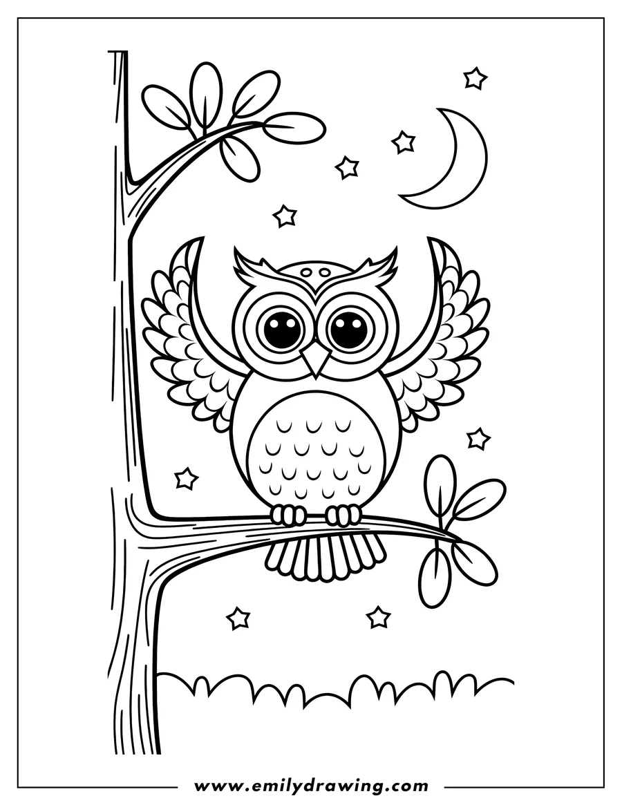 Outline of an owl perched on a tree branch at night, with the moon and stars visible in the background.