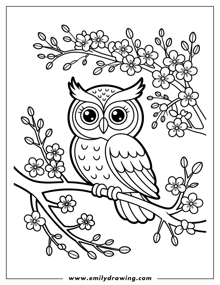 Line art of an owl perched on a flowering cherry blossom branch.