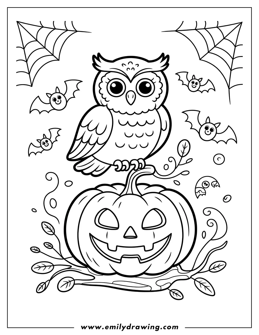 Line art of an owl perched on a jack-o'-lantern with bats and spiderwebs in the background.