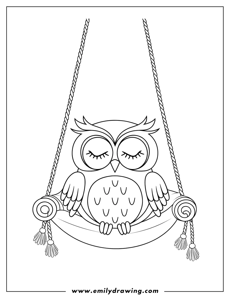Outline of an owl with closed eyes, sitting on a swing with tassels hanging from the seat.