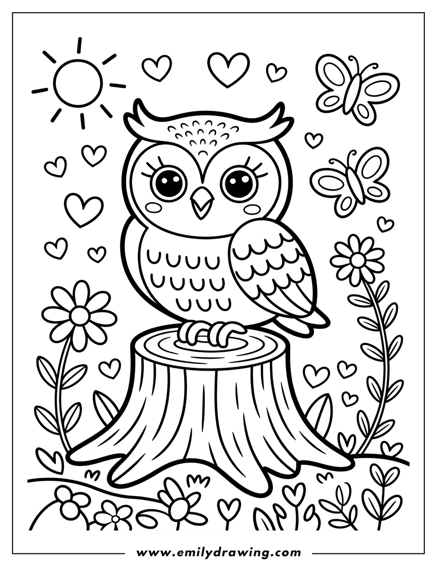 Outline of an owl perched on a tree stump, surrounded by flowers, butterflies, and hearts, under a shining sun.