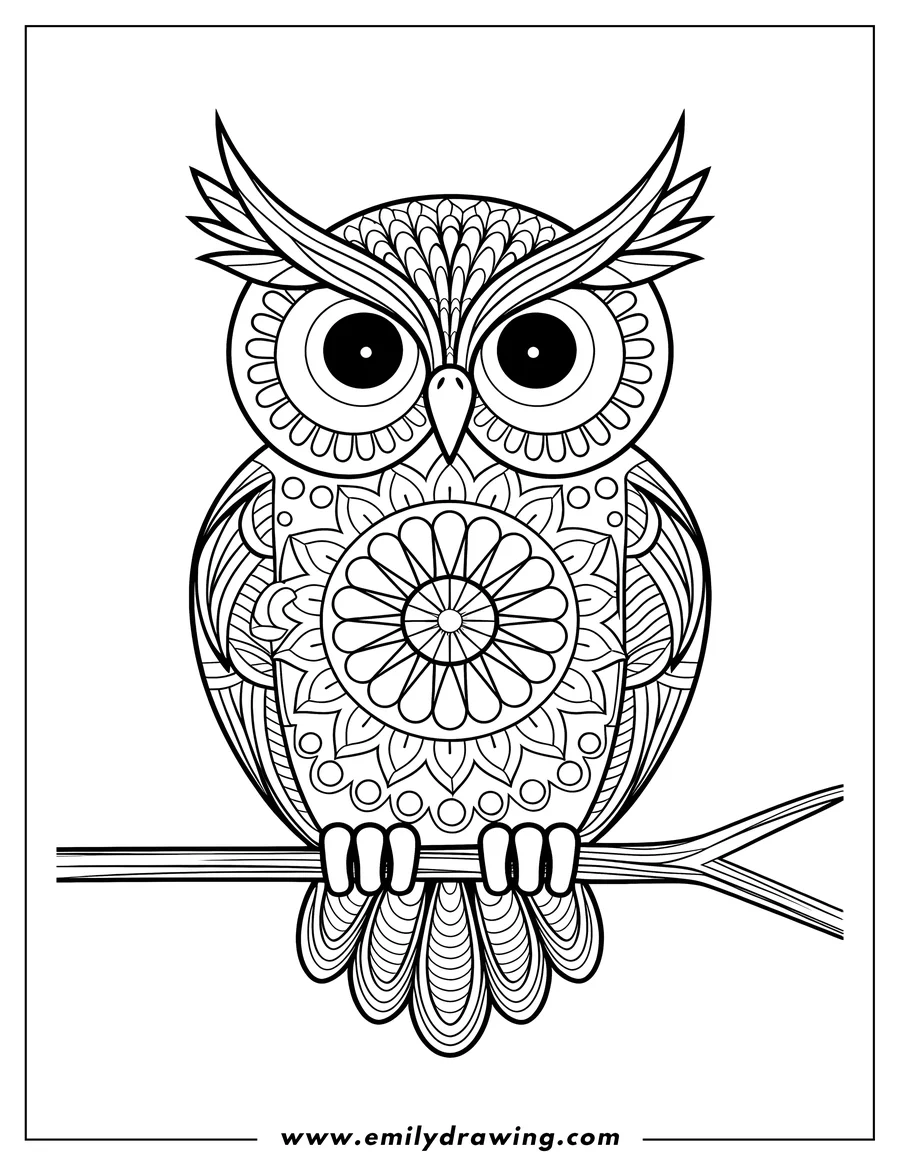 Line art of an owl with patterned feathers perched on a tree branch.