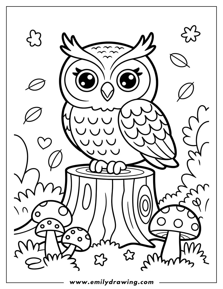 Outline of an owl perched on a tree stump surrounded by mushrooms and falling leaves.