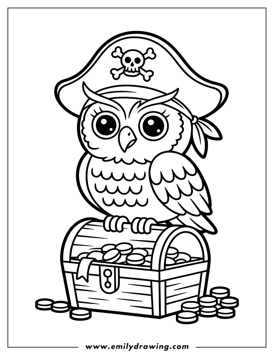Line art of an owl dressed as a pirate, perched on a treasure chest filled with coins.