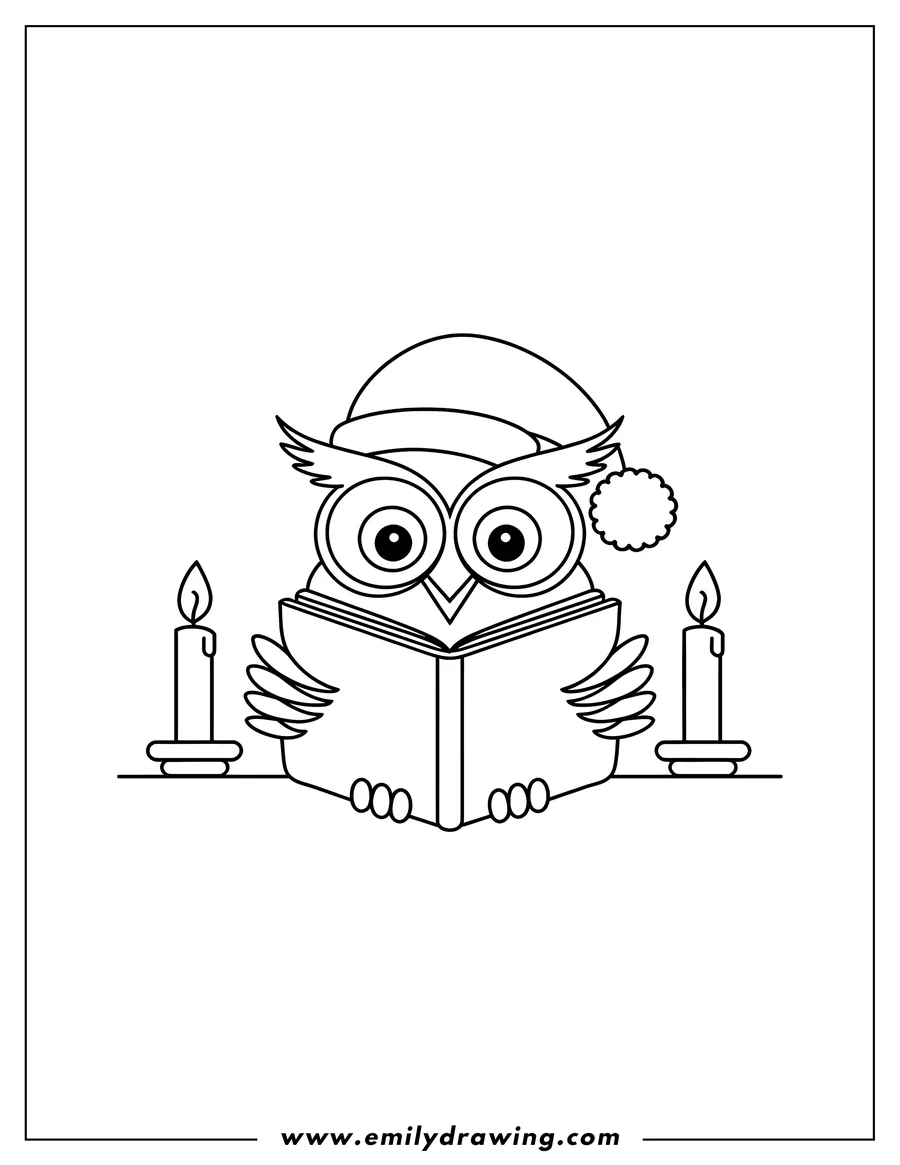 Line art of an owl wearing a Santa hat, reading a book with two lit candles on either side.