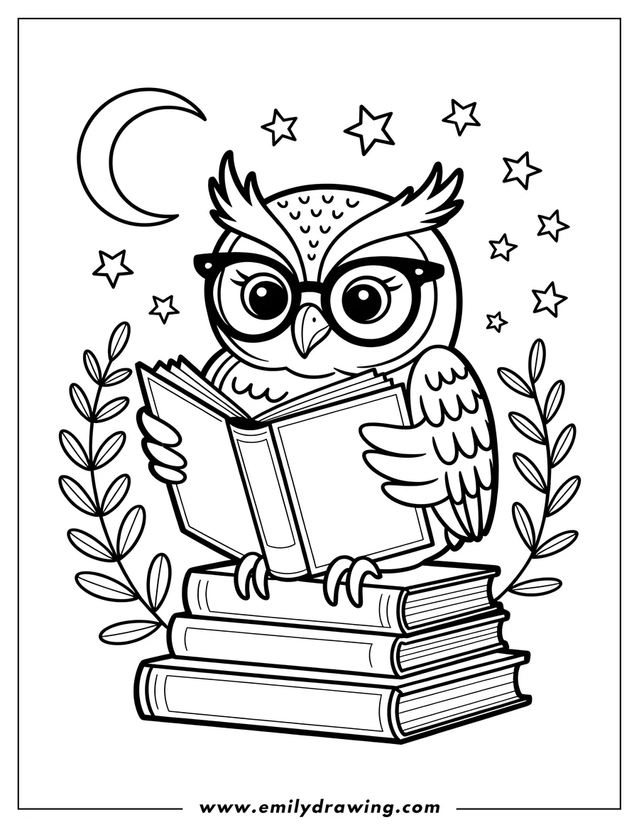 Line art of an owl wearing glasses, perched on a stack of books and reading another book. A crescent moon and stars decorate the background.