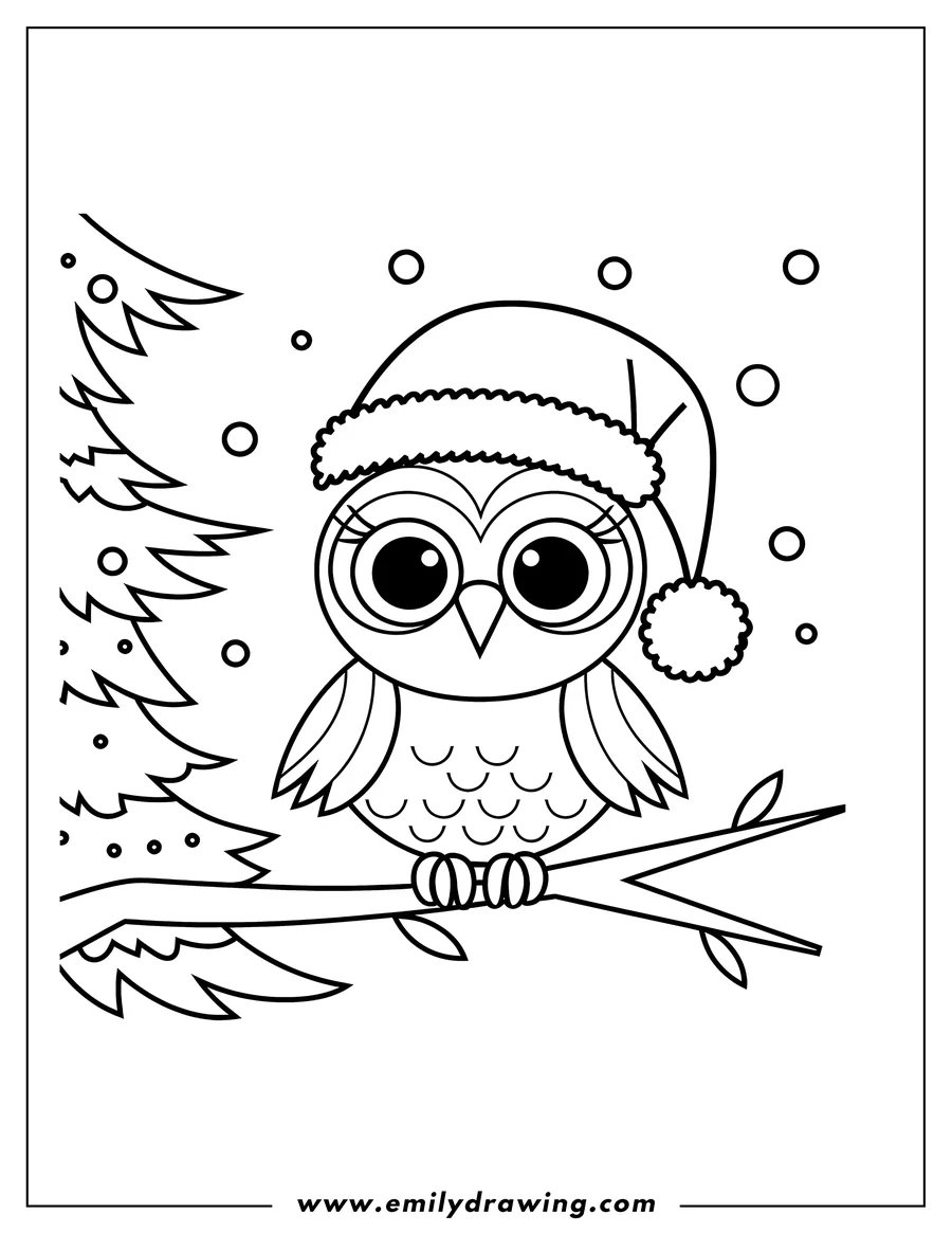 Outline of an owl wearing a Santa hat, perched on a branch with a pine tree in the background and snowflakes falling around it.