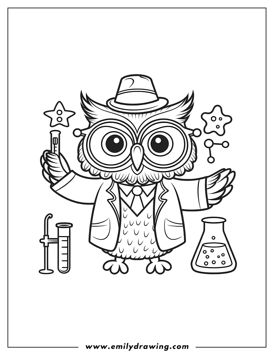 Line art of an owl dressed as a scientist, holding a test tube and wearing a lab coat and hat. Science-themed elements like a beaker, graduated cylinder, and a molecule diagram are also depicted.