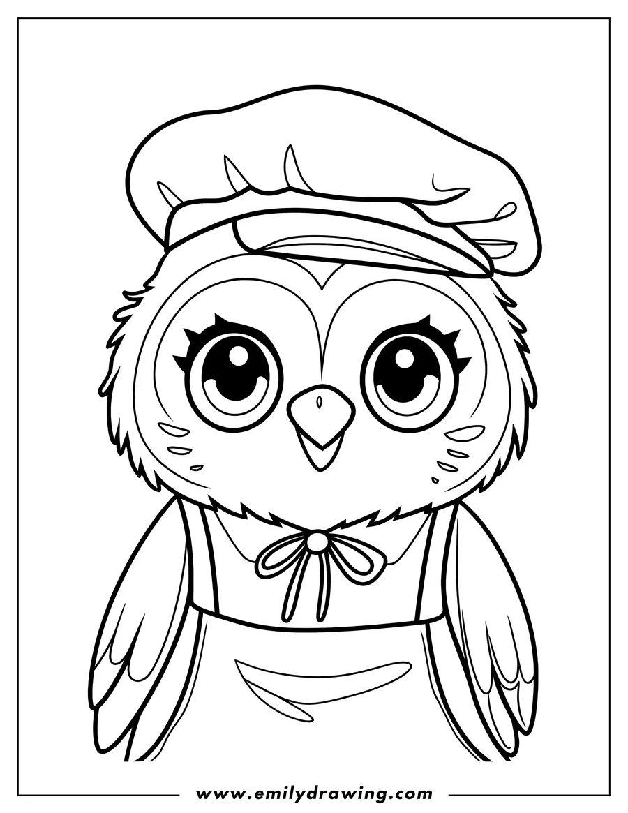 Outline of an owl wearing a chef's hat and apron.