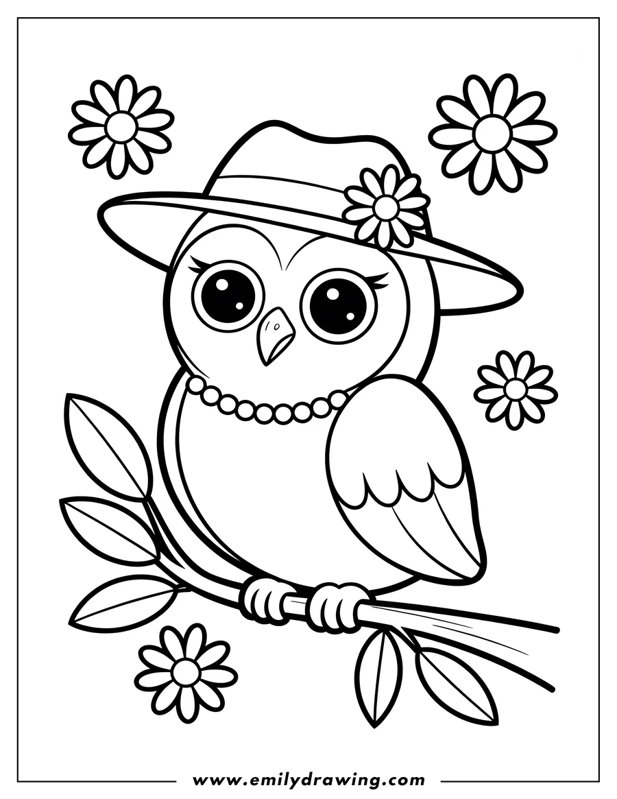 Outline of an owl perched on a branch, wearing a hat with a flower and a pearl necklace, with flowers in the background.