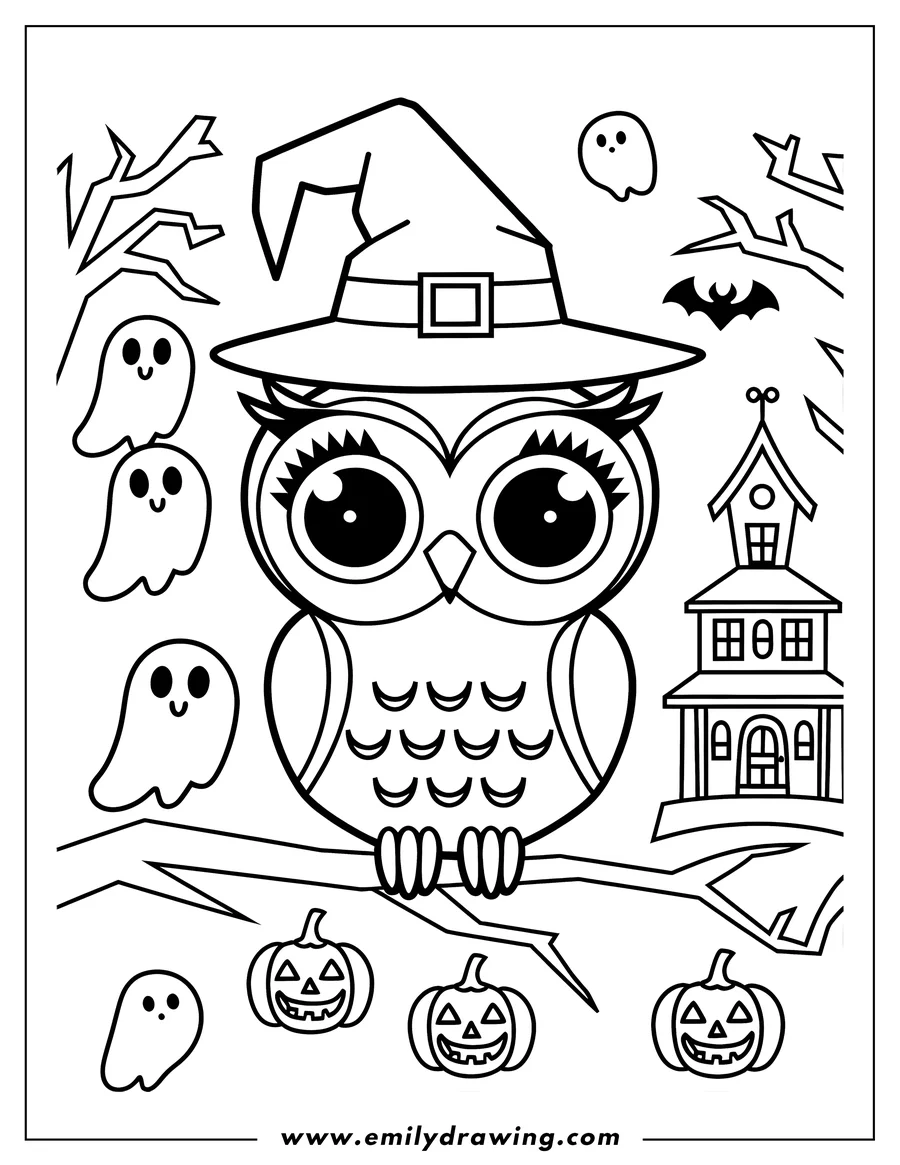 Line art of an owl wearing a witch hat, perched on a branch. Smiling ghosts, a haunted house, and pumpkins decorate the Halloween scene.