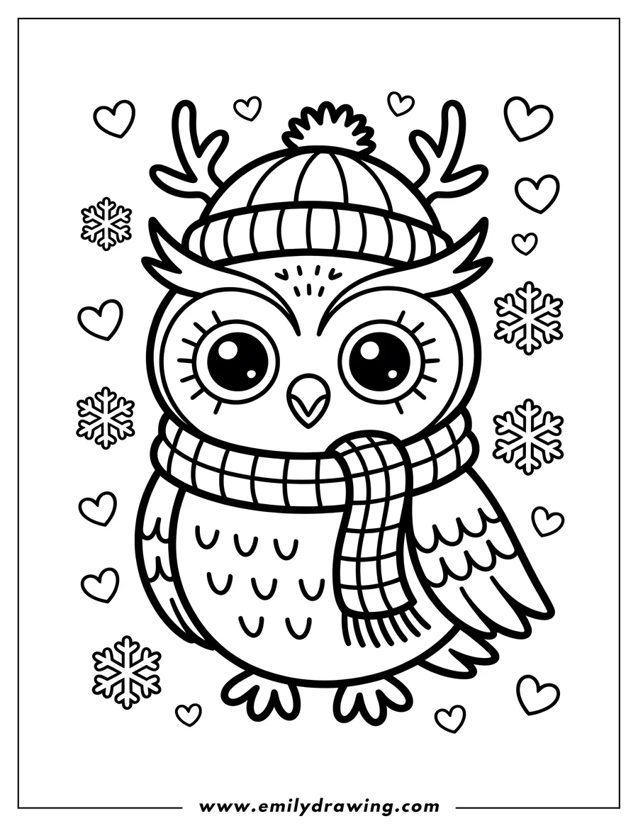 Outline of an owl wearing a winter hat with antlers and a checkered scarf, surrounded by snowflakes and hearts.
