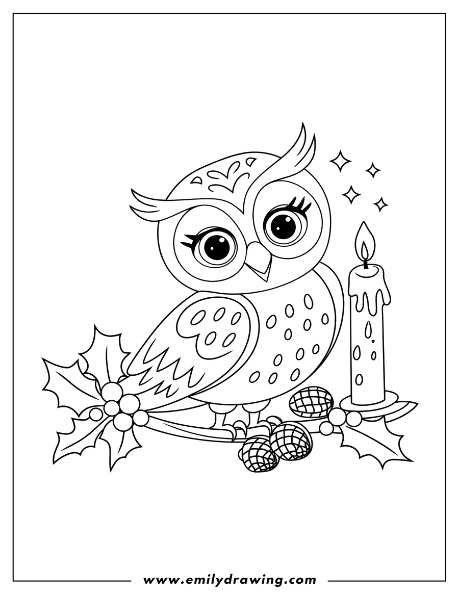 Outline of an owl perched on a branch next to a lit candle and holly berries.
