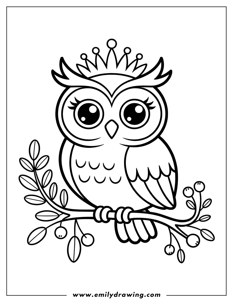 Outline of an owl wearing a crown, perched on a branch with leaves and berries.