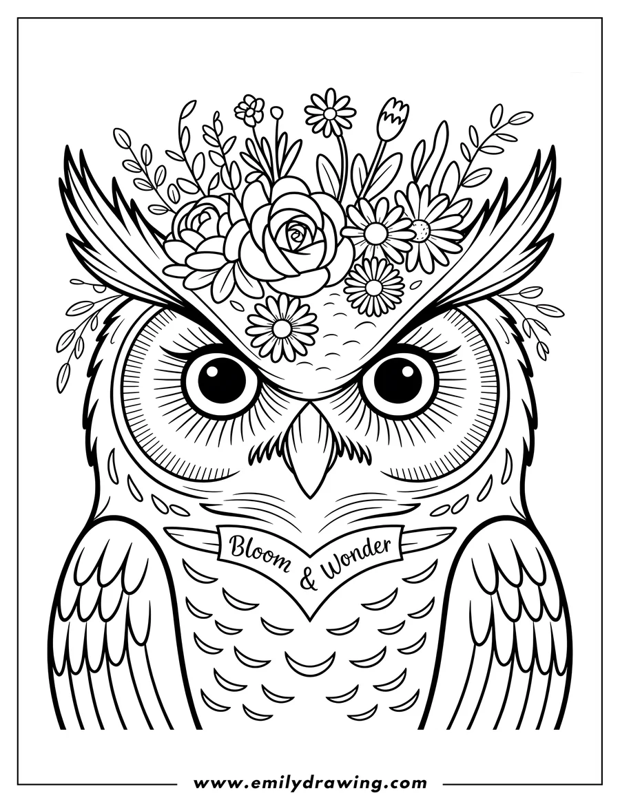 Line art of an owl with a crown of flowers. The owl's large eyes are prominent, and a banner across its chest reads 'Bloom & Wonder'.