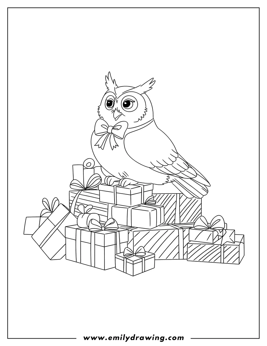 Outline of an owl with a bow perched on a pile of wrapped gifts.