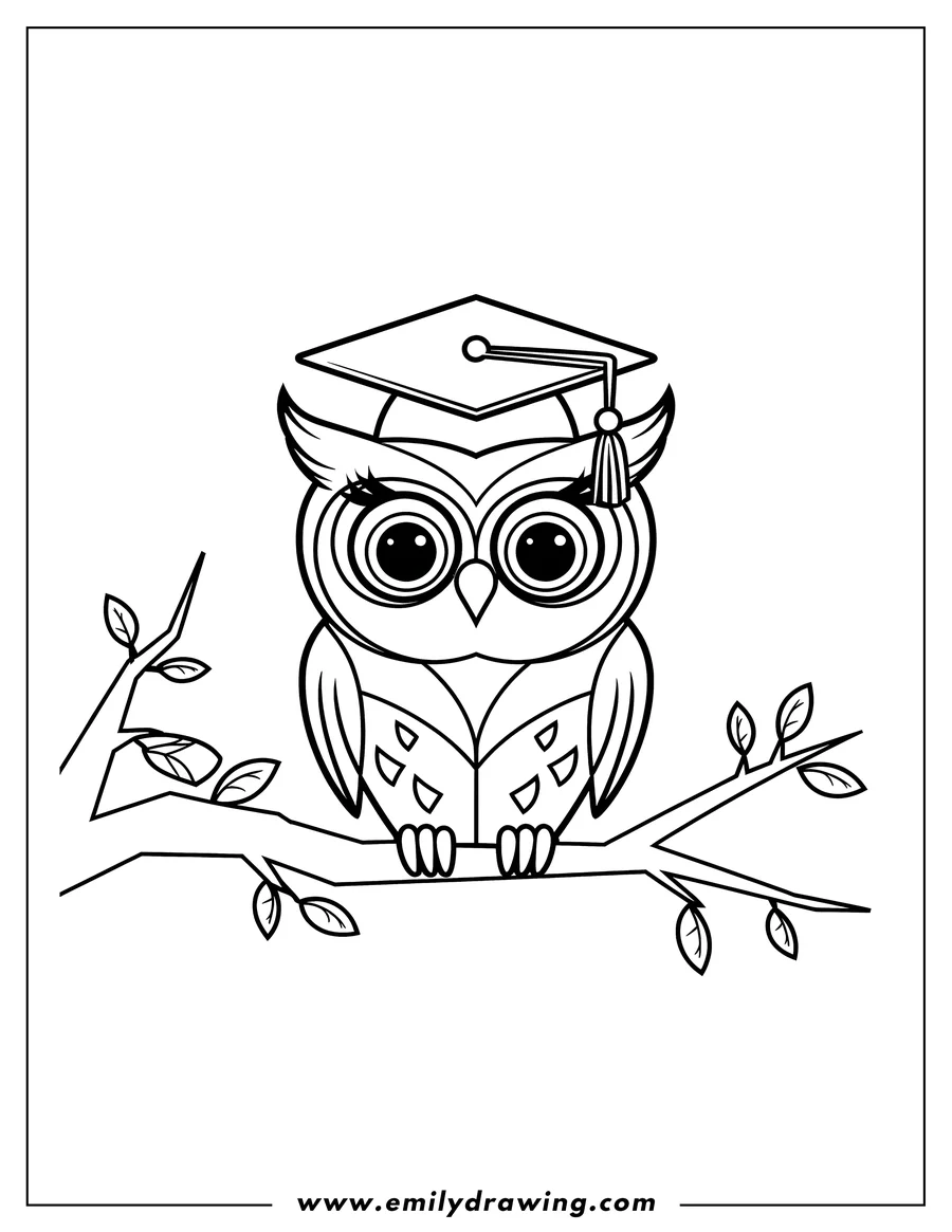 Line art of an owl wearing a graduation cap perched on a tree branch.