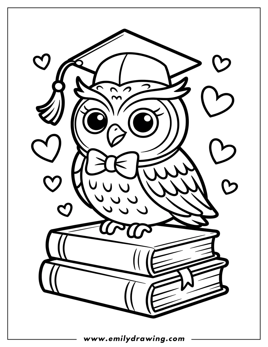Line art of an owl wearing a graduation cap and bow tie, perched on a stack of books. Hearts float around the owl.
