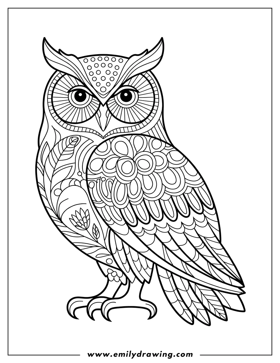 Line art of an owl with detailed, ornate patterns on its body and wings.