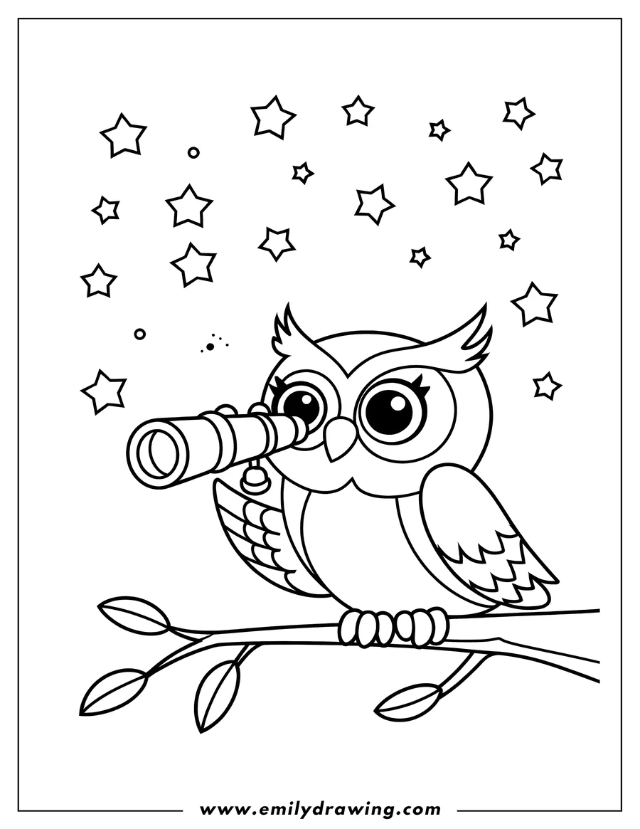 Line art of an owl perched on a branch, looking through a telescope at the stars.