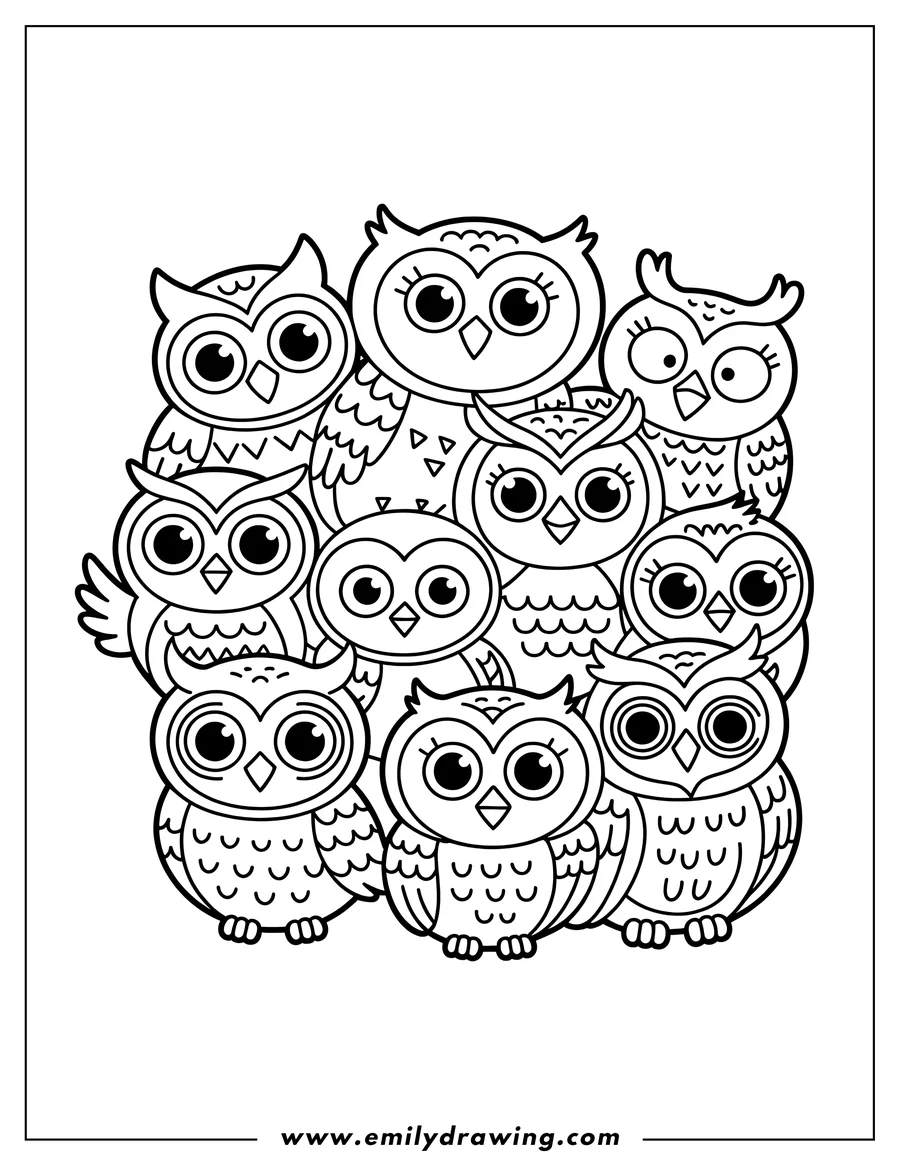 Line art of a group of owls with large eyes.